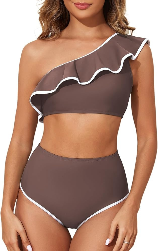 Herseas Women's One Shoulder Bikini Sets Color Block Trim Ruffle Hem Swimsuits Elegant Bathing Su... | Amazon (US)