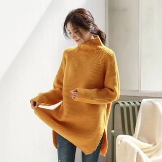 Mock-Neck Rib-Knit Long Sweater | YesStyle Global