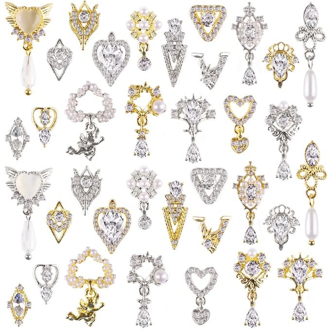 36 Pcs Luxury Nail Art Rhinestone, TOROKOM 3D Dangle Nail Art Charms Gold Silver Heart Pearl Crys... | Amazon (US)