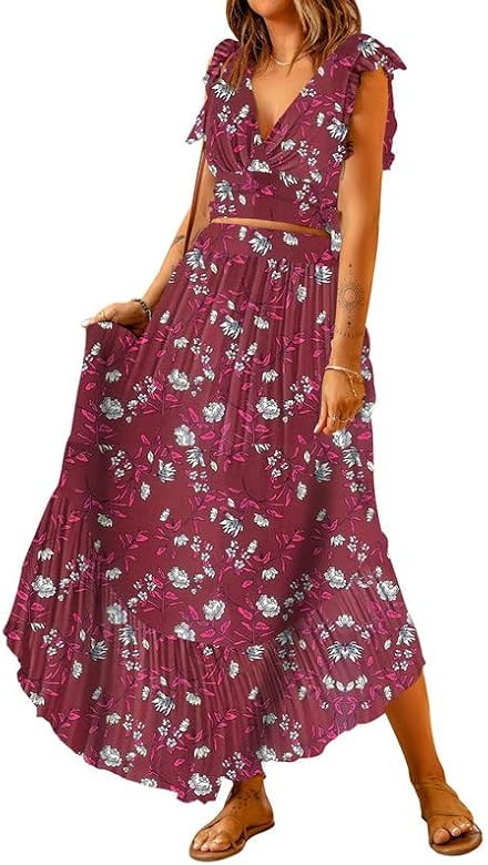 Dokotoo Women's Boho Dress Deep V Neck 2 Piece Skirt Sets Ruffle Cap Sleeve Tie Waist Wrap Chiffon F | Amazon (US)