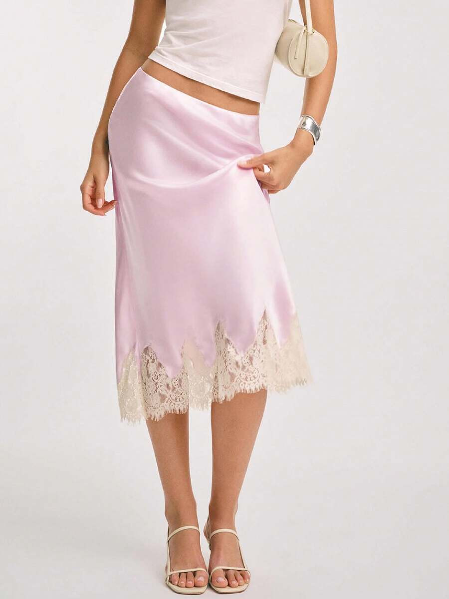 Women Silk Satin Half Slip Long Skirts Lace Patchwork Elastic Waist Long Skirt Elegant Silky Flow... | SHEIN