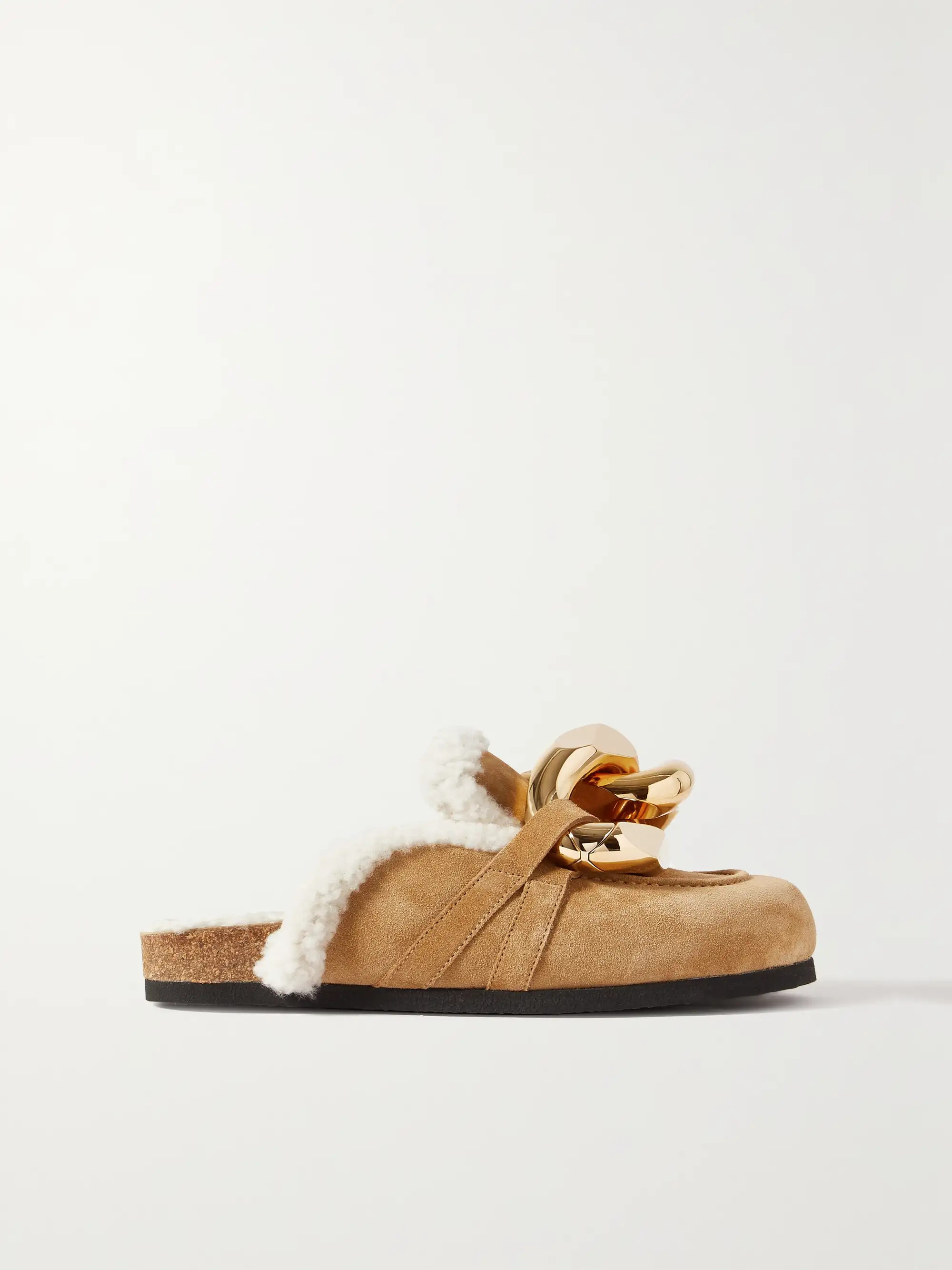 Beige Chain-embellished shearling-lined suede slippers | JW ANDERSON | NET-A-PORTER | NET-A-PORTER (US)