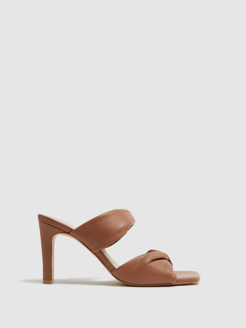 Reiss Tan Eliza Slip on Leather Sandal Heels | Reiss UK