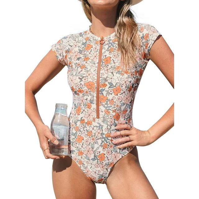 Cupshe One Piece Swimsuit for Women High Neck Zipper Short Sleeve Bathing Suit,L | Walmart (US)
