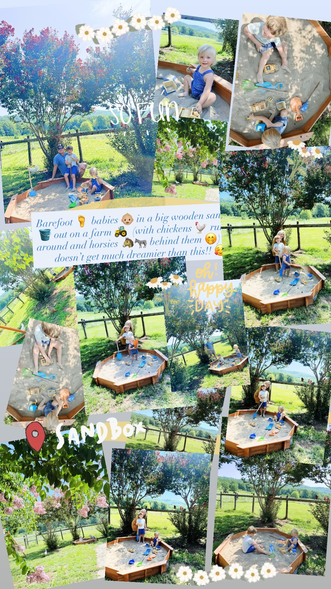 Barefoot 🦶 babies 👶🏼 in a big wooden sandbox 🪣 out on a farm 🚜  (with chickens 🐓 runnin’ around and horsies 🐴🫏 behind them 🤭) - just doesn’t get much dreamier than this!! 🥰