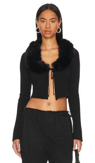 Faux Fur Tie Cardigan in Black | Revolve Clothing (Global)