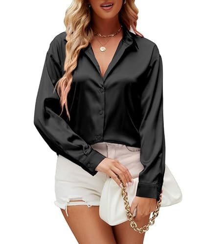 Damipow Satin Silk Button Down Shirts for Women Dress Shirts Long Sleeve Blouses Womens Shirt,Black,L | Amazon (US)