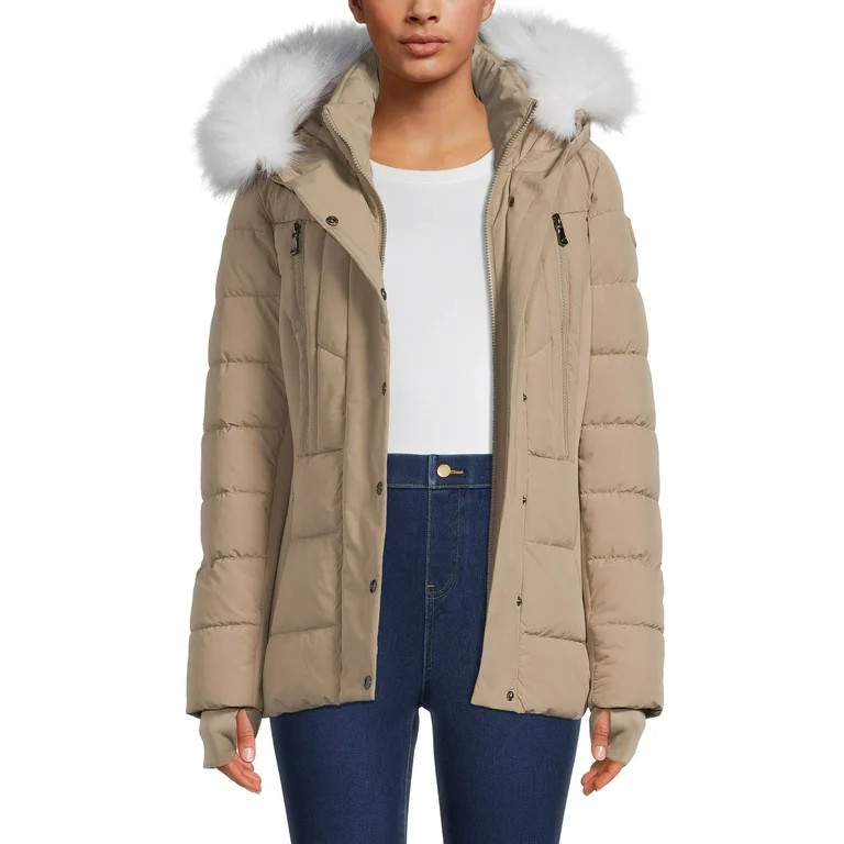 F.O.G. Women's Short Puffer Coat with Faux Fur Hood | Walmart (US)