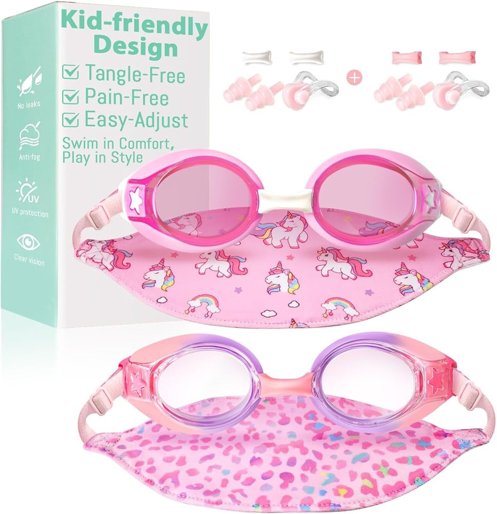 Pixel Panda 2 Pack Kids Swim Goggles with Fabric Strap for 3-14 Anti-Fog Anti-UV, No Leak No Hair... | Amazon (US)