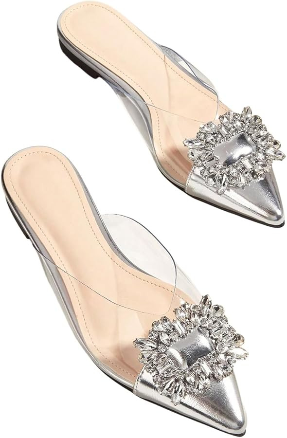 Floerns Women's Rhinestone Transparent Closed Pointed Toe Backless Mules Flat | Amazon (US)