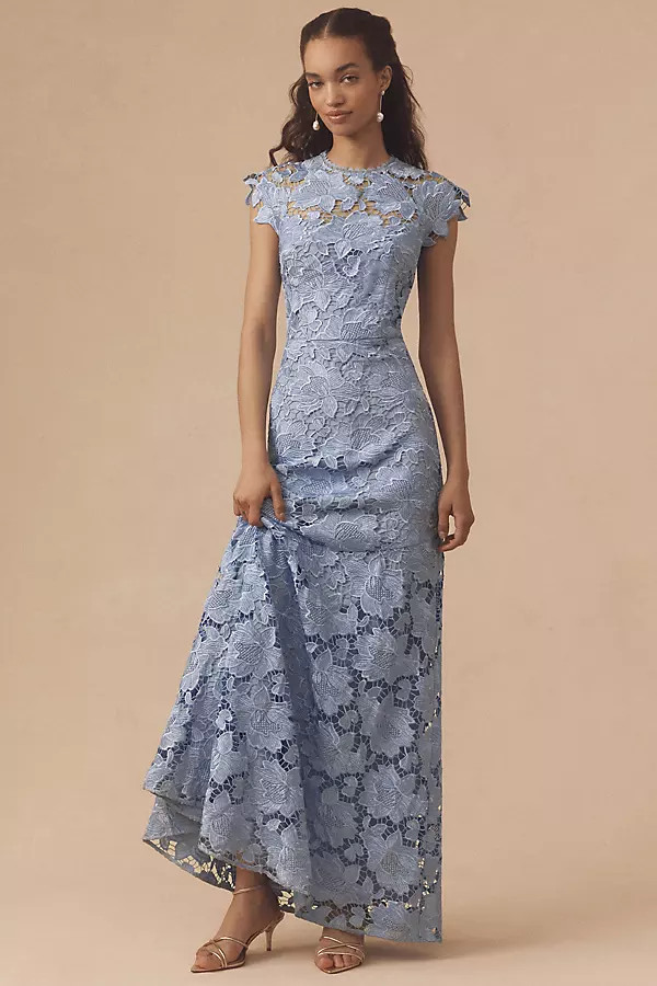 Raven Cap-Sleeve Floral Lace A-Line Maxi Dress | Anthropologie (US)