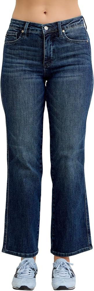 Judy Blue Petite Dark Wash Mid Rise Straight Tummy Control, Inseam 29" | Amazon (US)