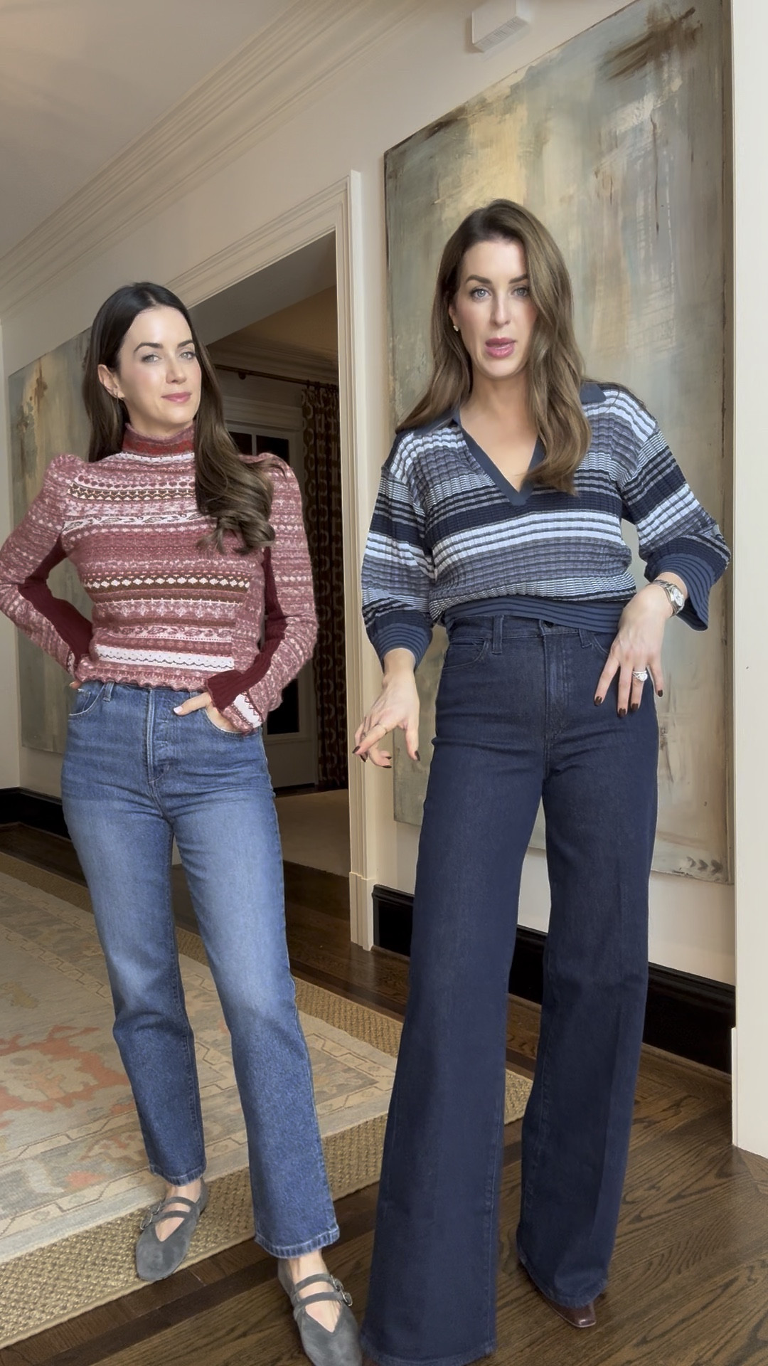 Both our tops are a small and our pants are a 26 and fit perfectly.  

Megan’s grey flats are so unique and such a comfortable fit.  I’m wearing a size 8  

Winter look, winter outfit, denim, sweater, blouse, Mary Jame Flats, suede shoes, winter shoes, casual look, casual outfit  

#LTKStyleTip #LTKOver40 #LTKShoeCrush