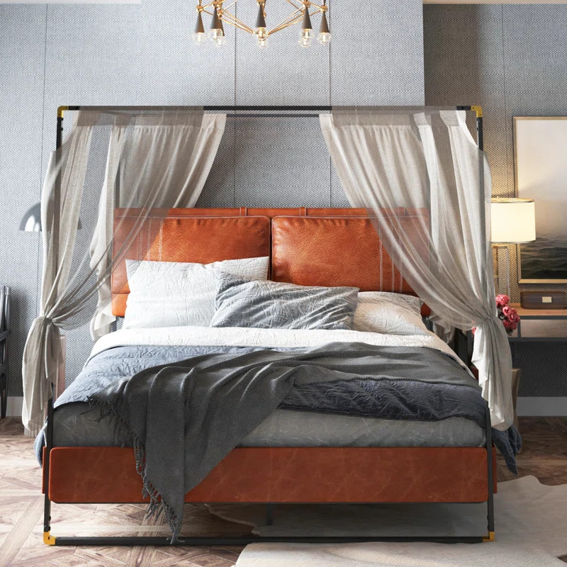Vegan Leather Metal Canopy Bed | Wayfair North America
