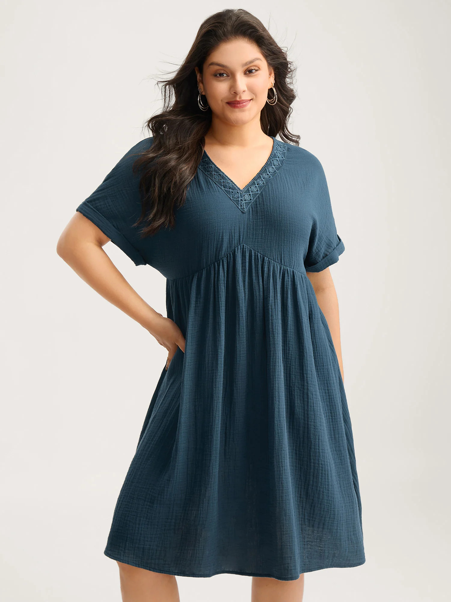 Pure Cotton Lace V-Neck Solid Midi Dress | Bloomchic
