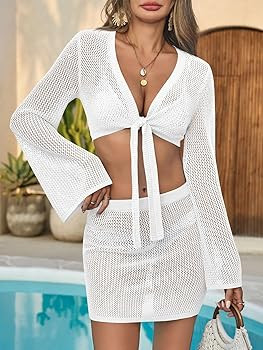 Fisoew Womens Crochet Swimsuit Coverups 2 Piece Bathing Suit Cover Up Long Sleeve Tie Front Crop ... | Amazon (US)