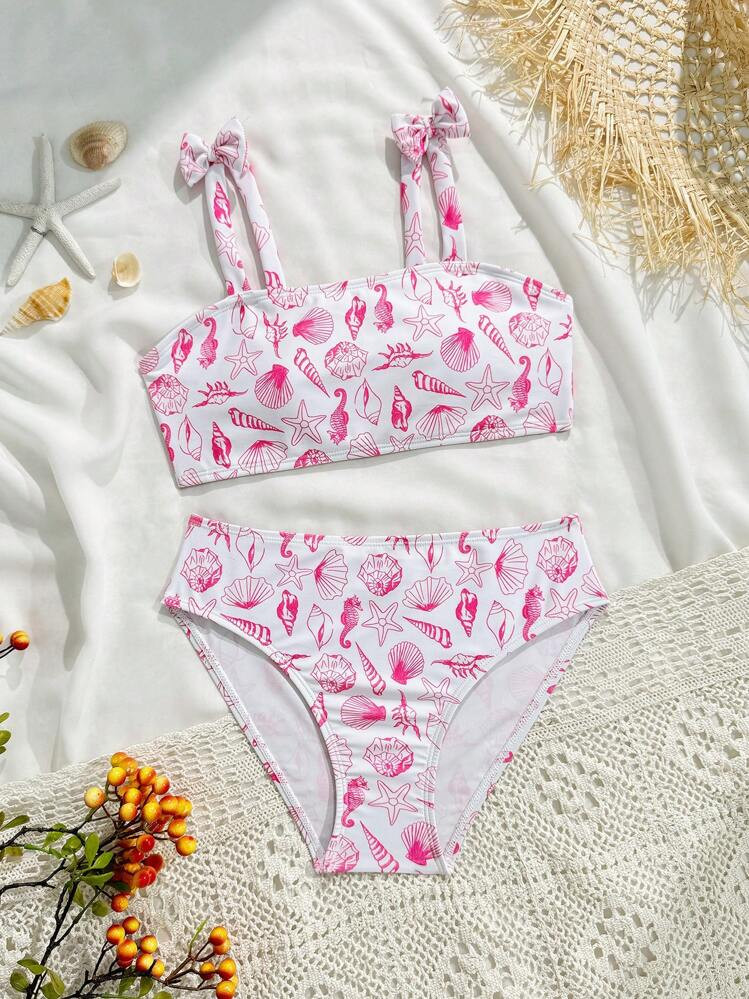 SHEIN Girls Retro Shell Print Bikini Set, Cute Bow Patchwork Swimwear, Suitable For Beach Holiday Swimming In Summer | SHEIN