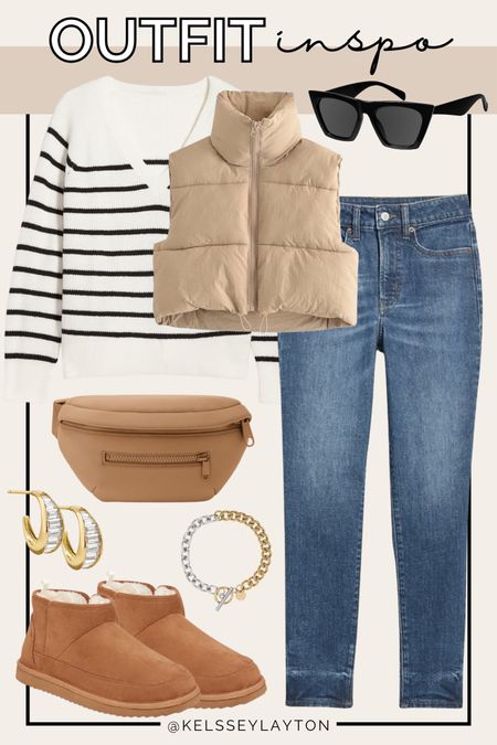 Outfit idea, old navy, Amazon fashion, Ugg dupe, belt bag, puffer vest, black and white stripe sweater 

#LTKshoecrush #LTKfindsunder50 #LTKsalealert