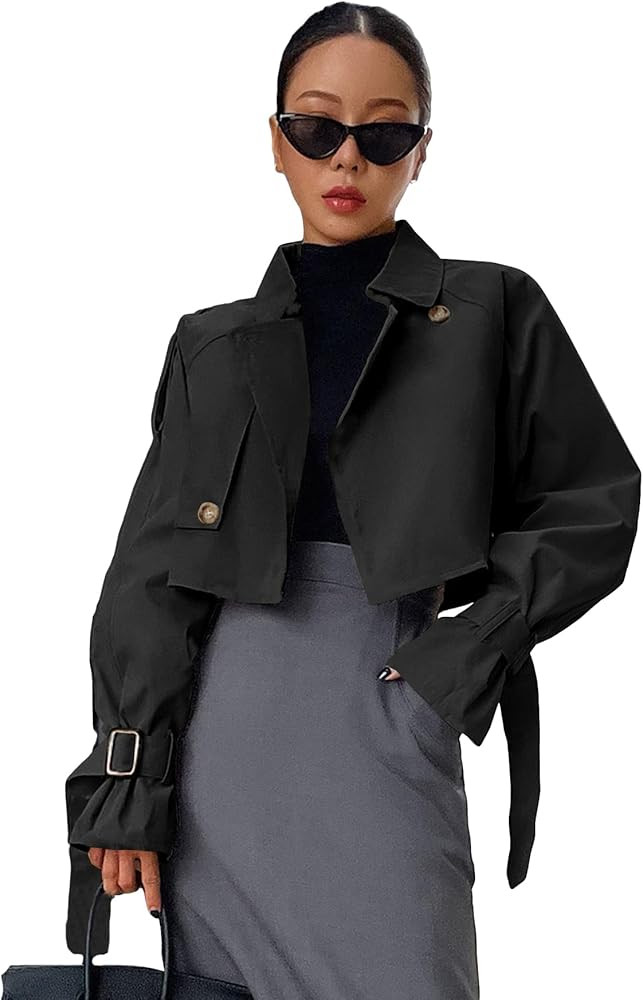 Floerns Women's Double Breasted Buckle Lapel Long Sleeve Cropped Trench Jacket | Amazon (US)