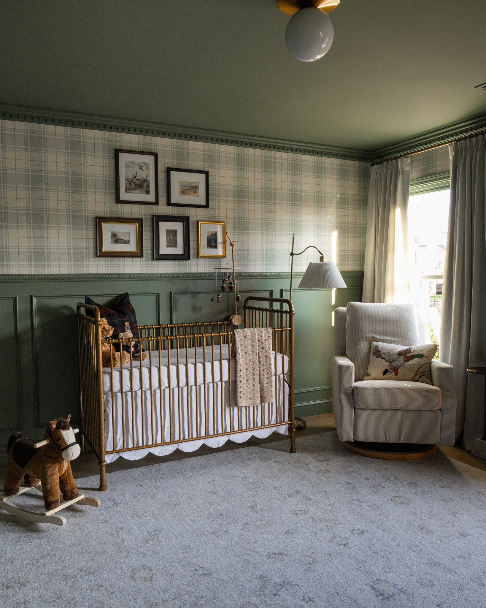 Baby boy vintage Ralph Lauren inspired decor! Linked everything we used, including this beautiful plaid wallpaper, gold crib and walnut dresser. Paint color is Dried Thyme by Sherwin Williams

#LTKHome #LTKBaby #LTKKids