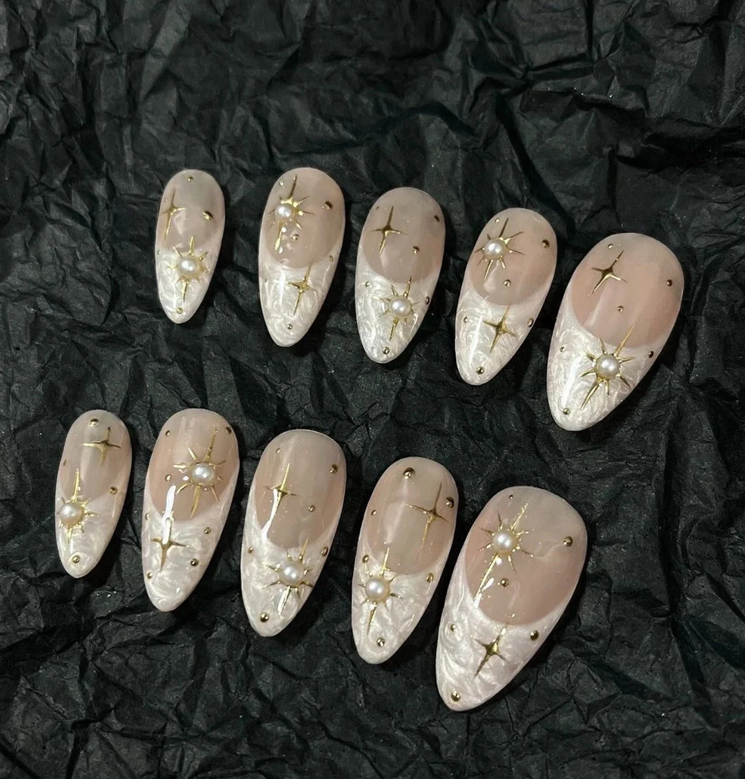 Pearl White French Star Hand Painted Nails/ Custom Press on Nails/ Hand Made Press on Nails/faux ... | Etsy (US)