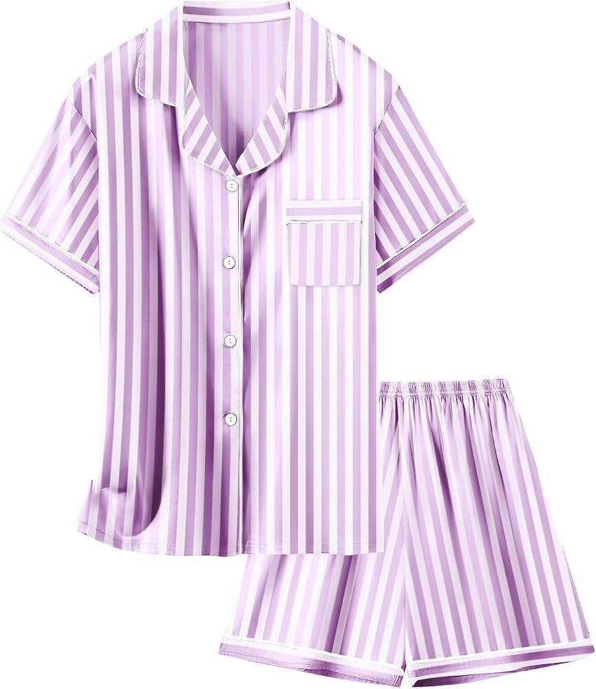 Schbbbta Girls Womens Pajamas, Satin Silky Pjs Set Kids 2Pcs Button-Down Nightwear Sleepwear Gift... | Amazon (US)