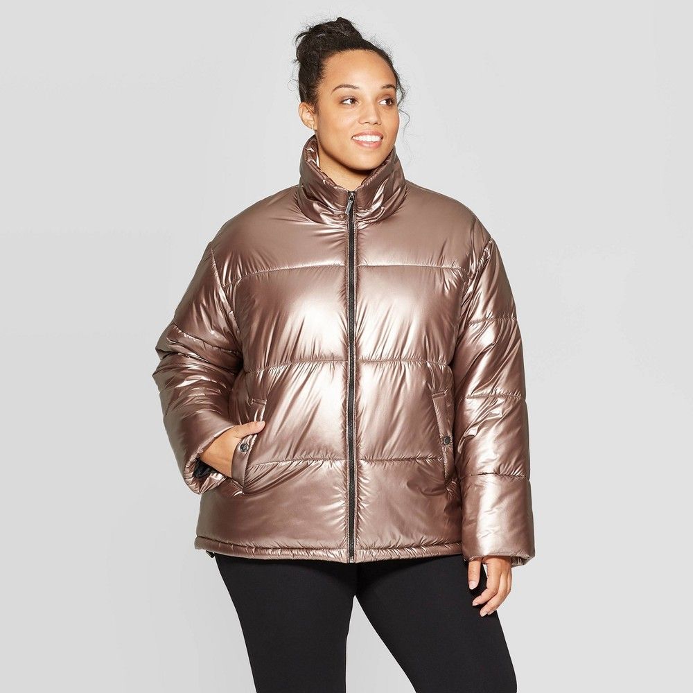 Women's Plus Size Metallic Puffer Jacket - Ava & Viv Rose 2X, Women's, Size: 2XL, Brown | Target