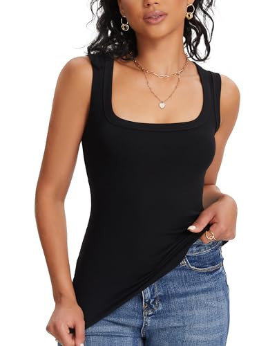 Black Tank Tops for Women Scoop Neck Sexy Ribbed Basic Trendy Stretchy Slim Lightweight Tops(Black X-Large) | Amazon (US)