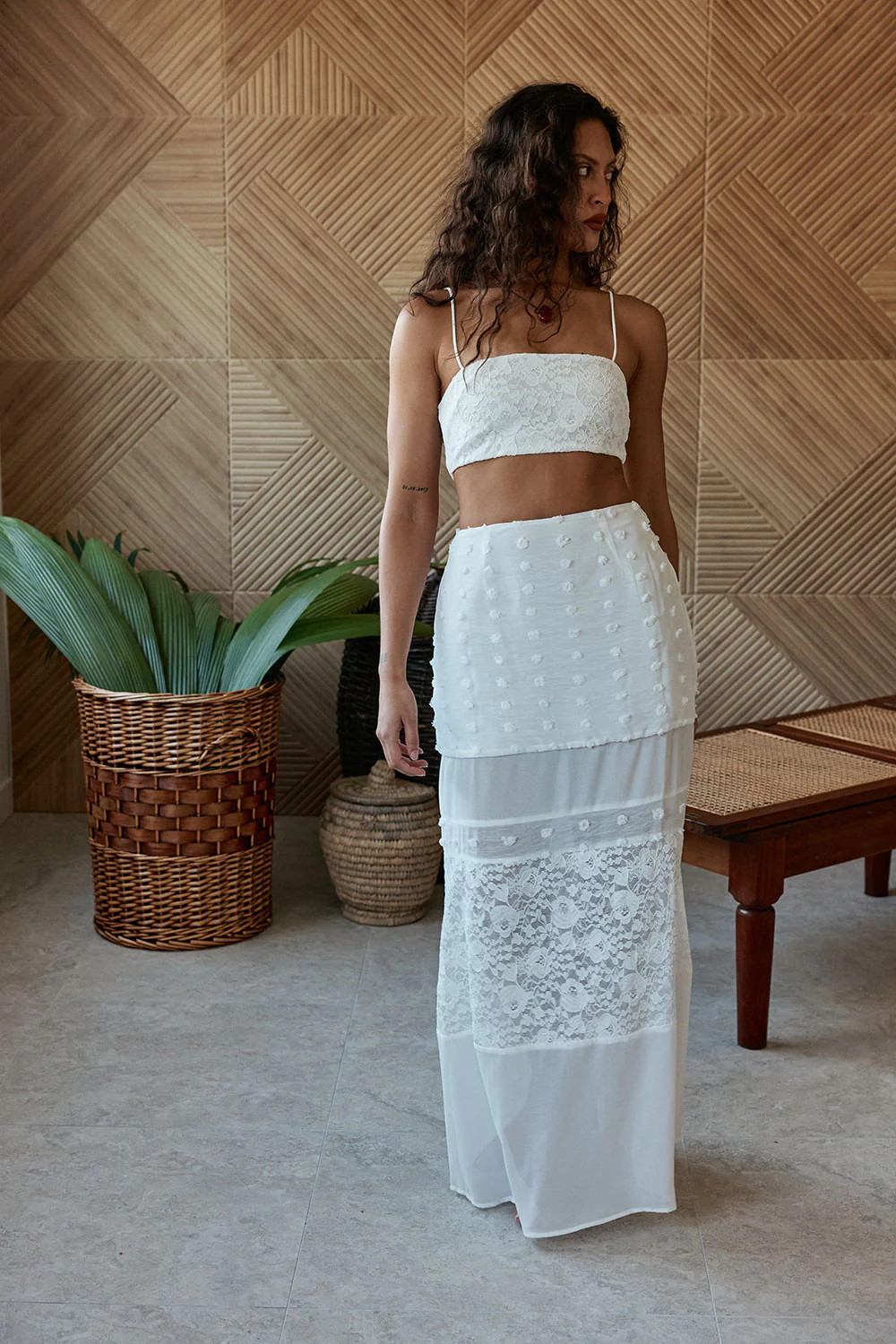 White Mesh and Lace Flouncy Maxi Tres Skirt | Sabo Skirt US
