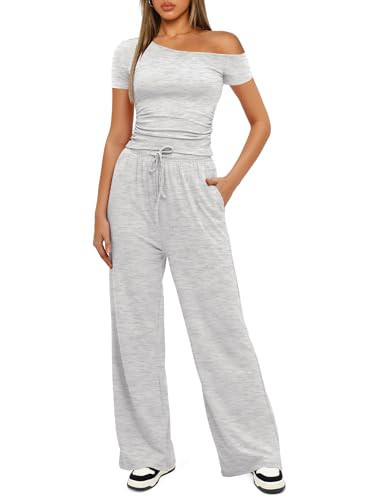 Darong Two Piece Sets for Women Summer Outfits Lounge Sets Off The Shoulder Neck Tops Wide Leg Pants Vacation Travel Outfits 9083A White Grey XS | Amazon (US)