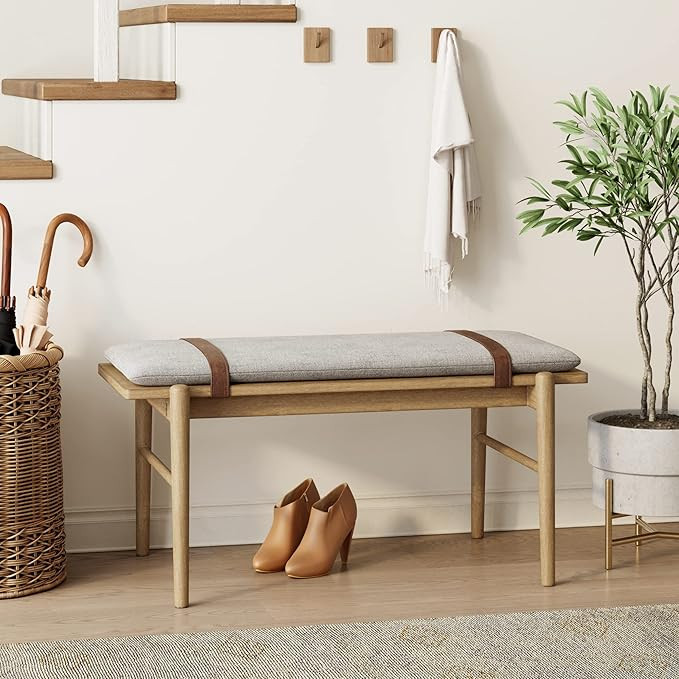 Nathan James Gugan Mid-Century Wood Entryway Seat, Dining Room Bench, Light Brown/Ivory | Amazon (US)