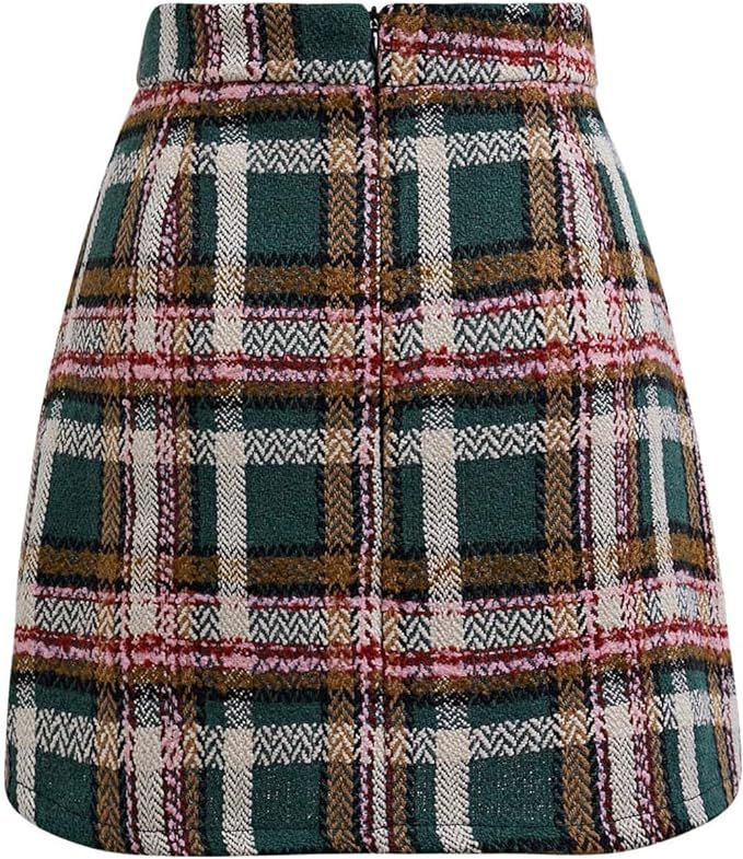 CHICWISH Women Wool Plaid Mini Skirt High Waisted Pencil Skirts Short Tight Bodycon Skirt with Go... | Amazon (US)
