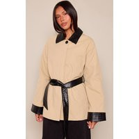 Beige Quilted Collar Belted Trench Coat | PrettyLittleThing US