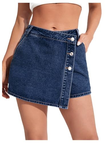 MakeMeChic Women's Casual High Waisted Button Front Denim Skort Asymmetrical Hem Jean Skirt Shorts | Amazon (US)