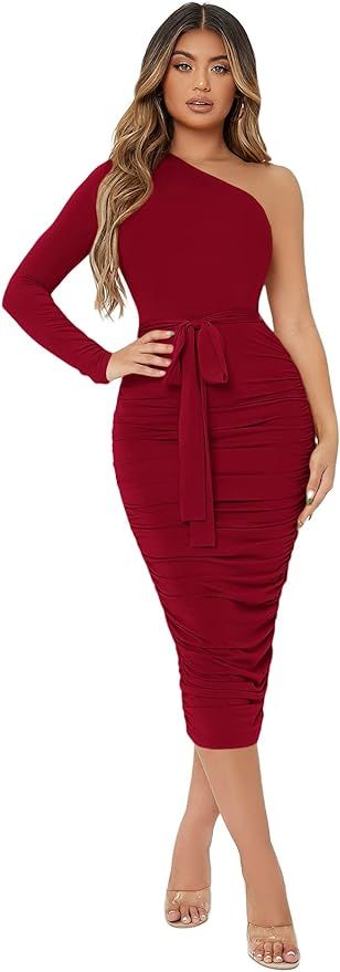 Floerns Women's One Shoulder Long Sleeve Ruched Party Bodycon Long Dress | Amazon (US)