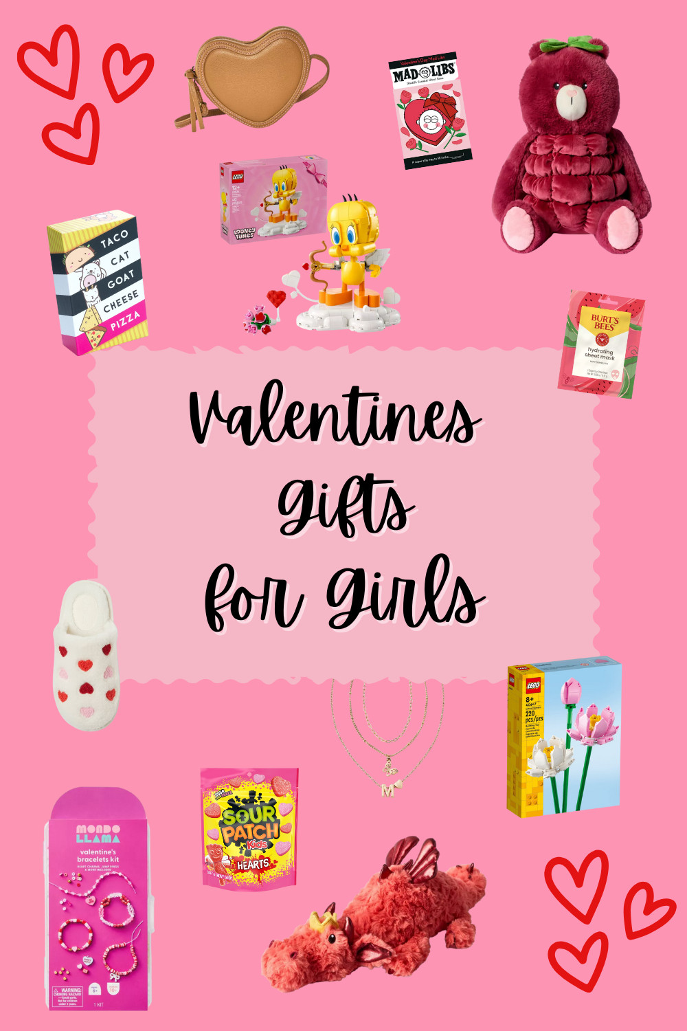 Searching for fun Valentine’s Day gift ideas for girls? 💕 This adorable Valentine gift guide for girls is packed with playful, creative, and cozy finds that go way beyond candy. From sweet plush stuffed animals and cozy heart slippers to trendy initial jewelry and a cute heart-shaped crossbody bag, these gifts are perfect for making Valentine’s Day extra special.

Keep girls entertained with hands-on crafts, friendship bracelet kits, and LEGO Valentine sets they can build and display. Add in giggles with Mad Libs and the wildly popular Taco Cat Goat Cheese Pizza card game—perfect for family game night or Valentine parties. These thoughtful picks from Target are great for kids, tweens, daughters, granddaughters, and nieces. 

 #LTKValentine #LTKSeasonal #LTKKids