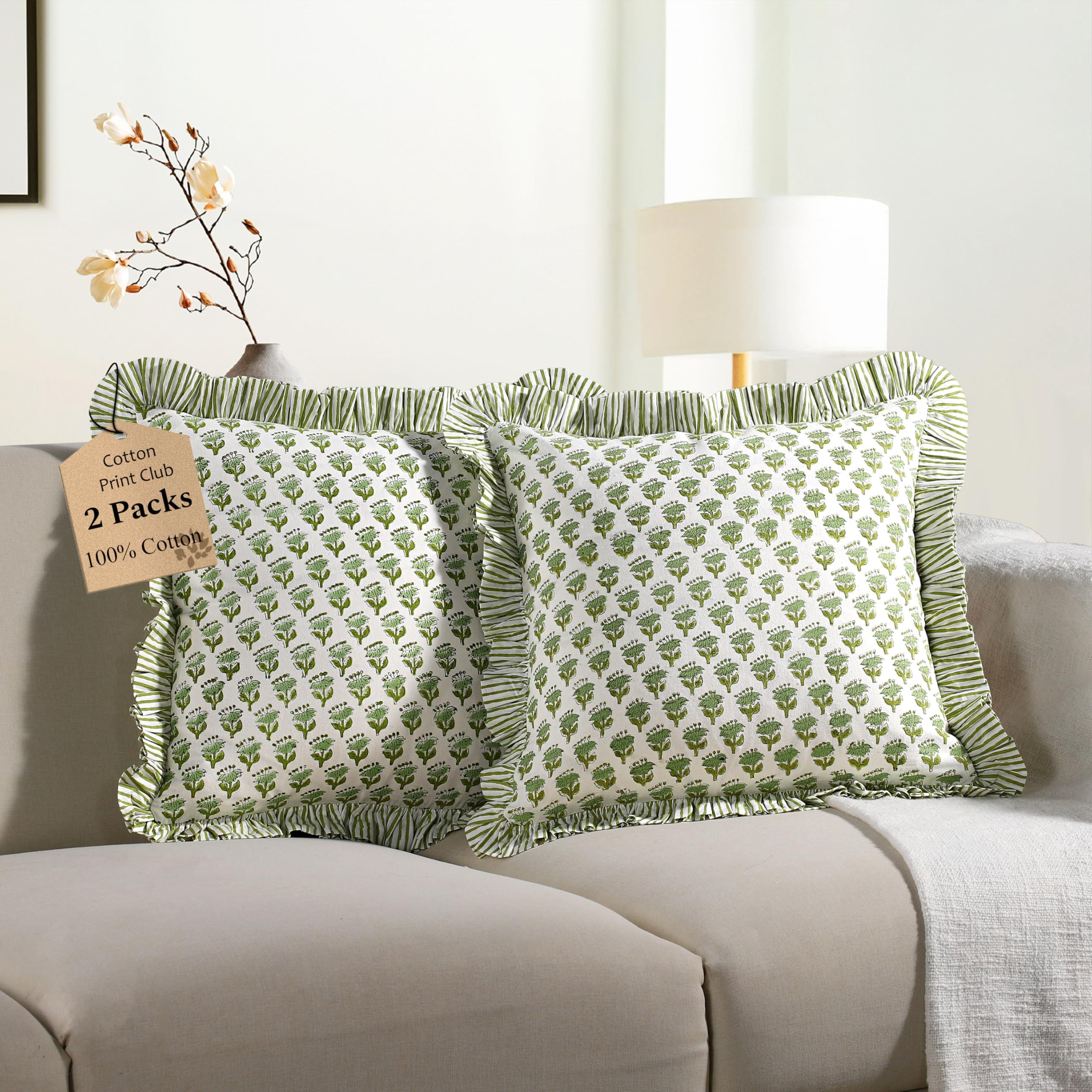 CPC Emerald Green Ruffle Throw Pillow Covers for Couch, 18x18 Inch Cotton Stripe Ruffle Couch Pil... | Amazon (US)