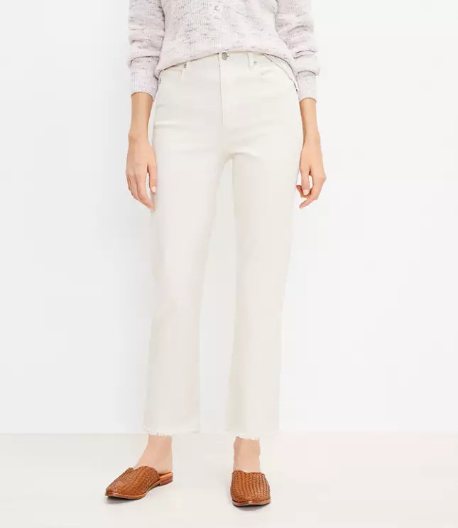 Curvy Frayed High Rise Straight Crop Jeans | LOFT