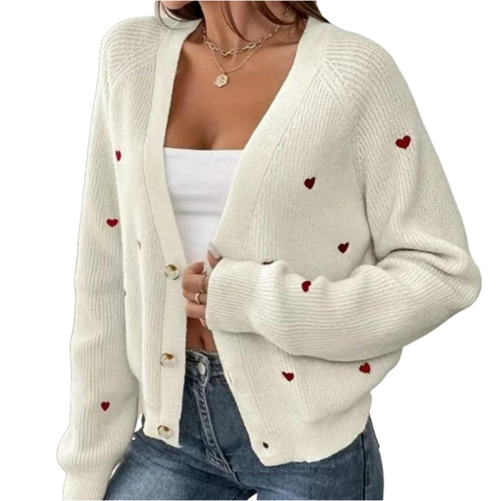 Women's Fall Winter Heart Pattern V-Neck Casual Simple Style Cardigan Sweater Open Front Long Sle... | Walmart (US)