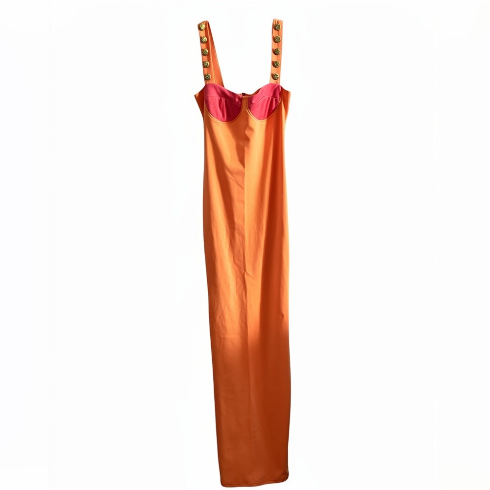 Orange and Pink Dress with Gold Button Straps and slit on the back | Poshmark