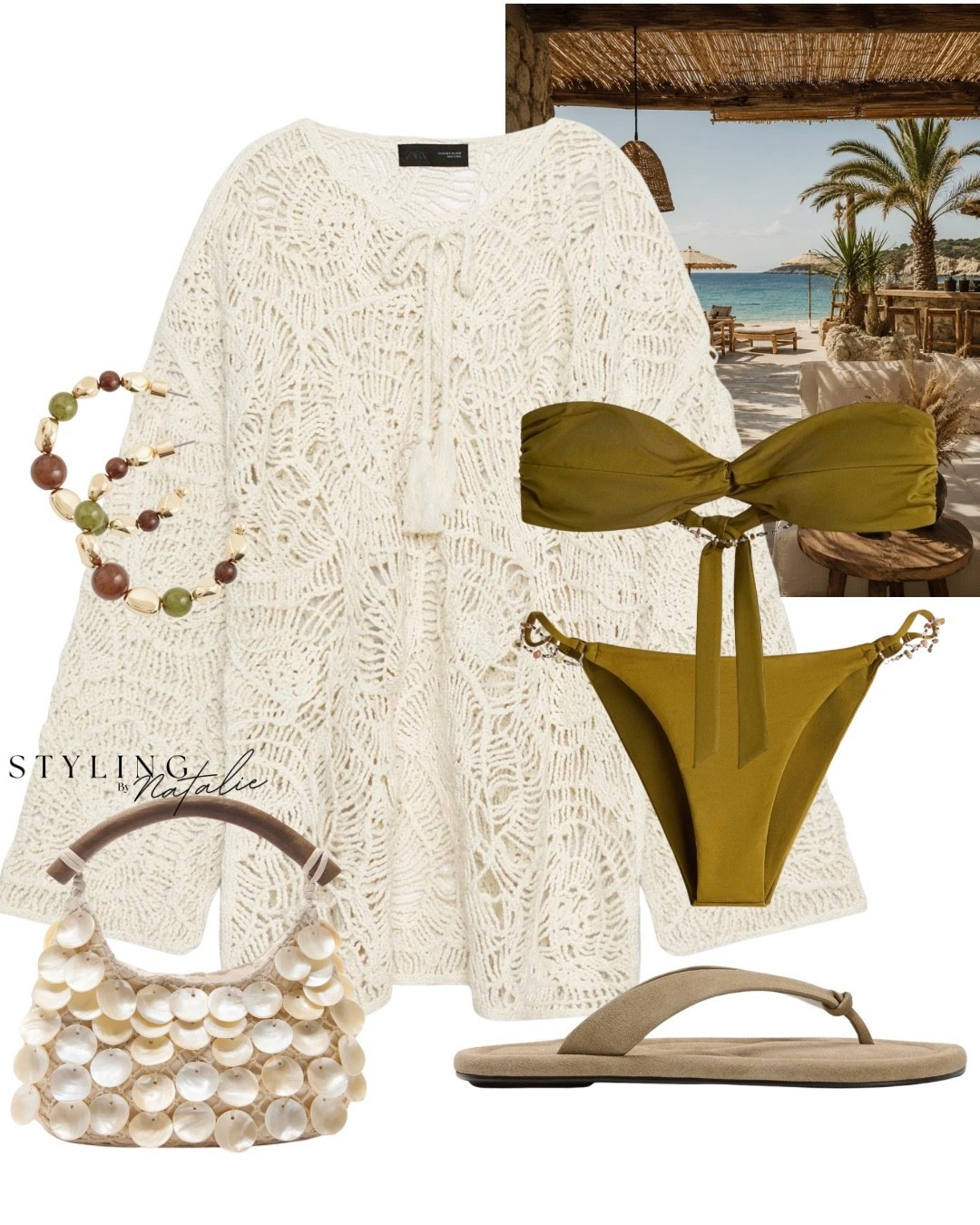 Beach wear look ☀️🏝️
Knit beach dress, khaki bikini with beads, suede thong sandals, seashell bag and beaded hoop earrings.
🏷️ Zara, H&M, flip flops, rustic beach club vibes, Ibiza beach dress, beach wear, beach cover up, swim wear, two piece bikini, earth tones, casual chic, boho beach, holiday outfits, resort wear, summer styling, euro summer, holiday wardrobe, swimwear styling, cover ups, poolside style

#LTKsummer #LTKswimwear #LTKeurope