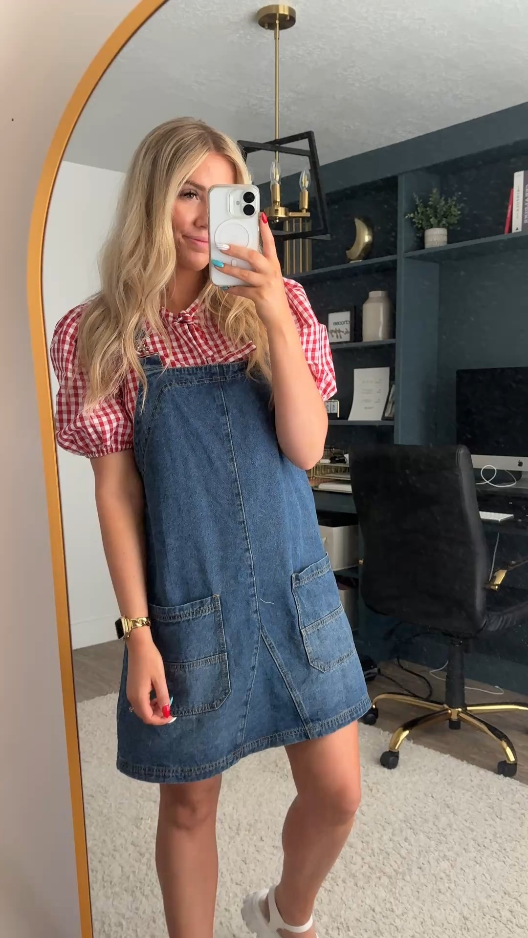 Fourth of July outfit idea!
Denim overall dress: wearing L
Red gingham Top: true to size 
White Sandals: true to size 

| summer outfit | 4th of July outfit | patriotic outfit | summer fashion | Independence Day outfit 

#LTKFindsUnder100 #LTKSeasonal