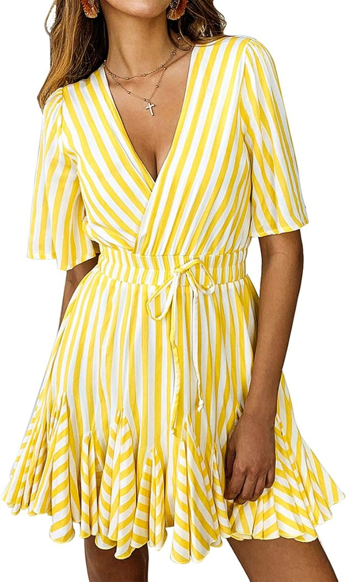PRETTYGARDEN Women's Summer Deep V Neck Short Sleeve Striped Wrap Ruffle Hem Pleated Mini Dress | Amazon (US)