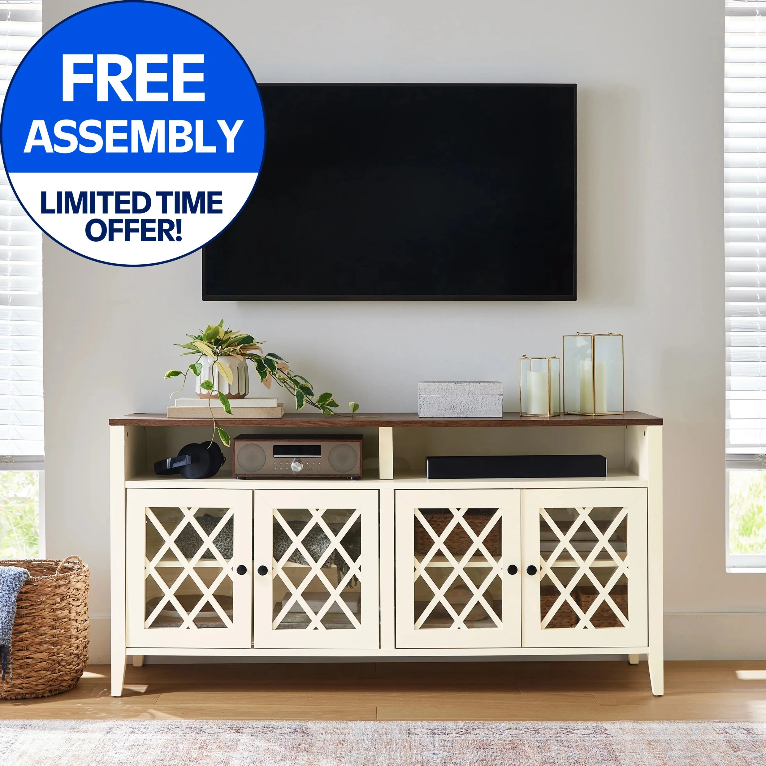 Better Homes & Gardens Trellis TV Stand for TVs up to 65", Ivory/Walnut | Walmart (US)