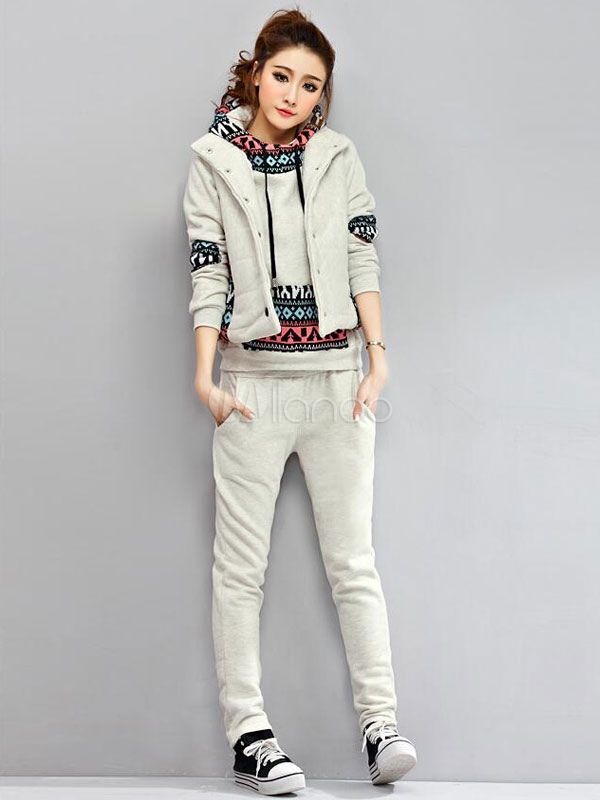 Women Tracksuit 2 Piece Light Grey Hooded Long Sleeve Hoodie Jacket With Pants And Coat | Milanoo