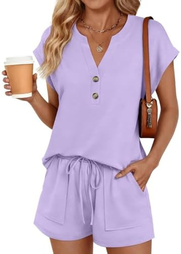 LILLUSORY Womens Henley 2 Piece Short Sets Summer 2026 Lounge Spring Beach Airport Travel Vacatio... | Amazon (US)