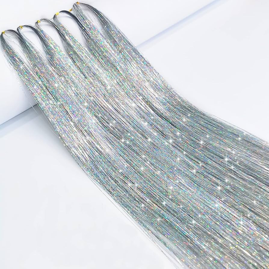 Silver Hair Tinsel 47 Inches 1000 Strands Glitter Tinsel Hair Extensions for Women and Girls, Spa... | Amazon (US)