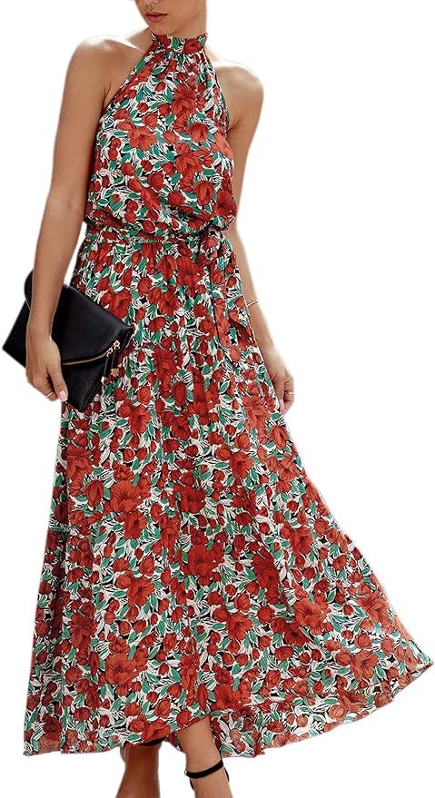 ECOWISH Womens Summer Dresses 2023 Boho Floral Maxi Sun Dress Halter Neck Flowy Party Prom Dresse... | Amazon (US)