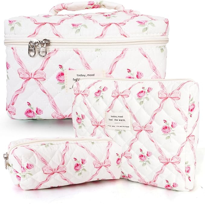 3Pcs Cotton Quilted Makeup Bag Large Travel Cosmetic Bag Coquette Makeup Pouch Cute Aesthetic Flo... | Amazon (US)