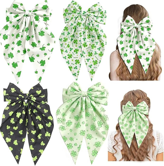 St Patricks Day Hair Bows for Women,Big Ribbon Bow Hair Clips for Girls, Oversized Long Tail Hair... | Amazon (US)